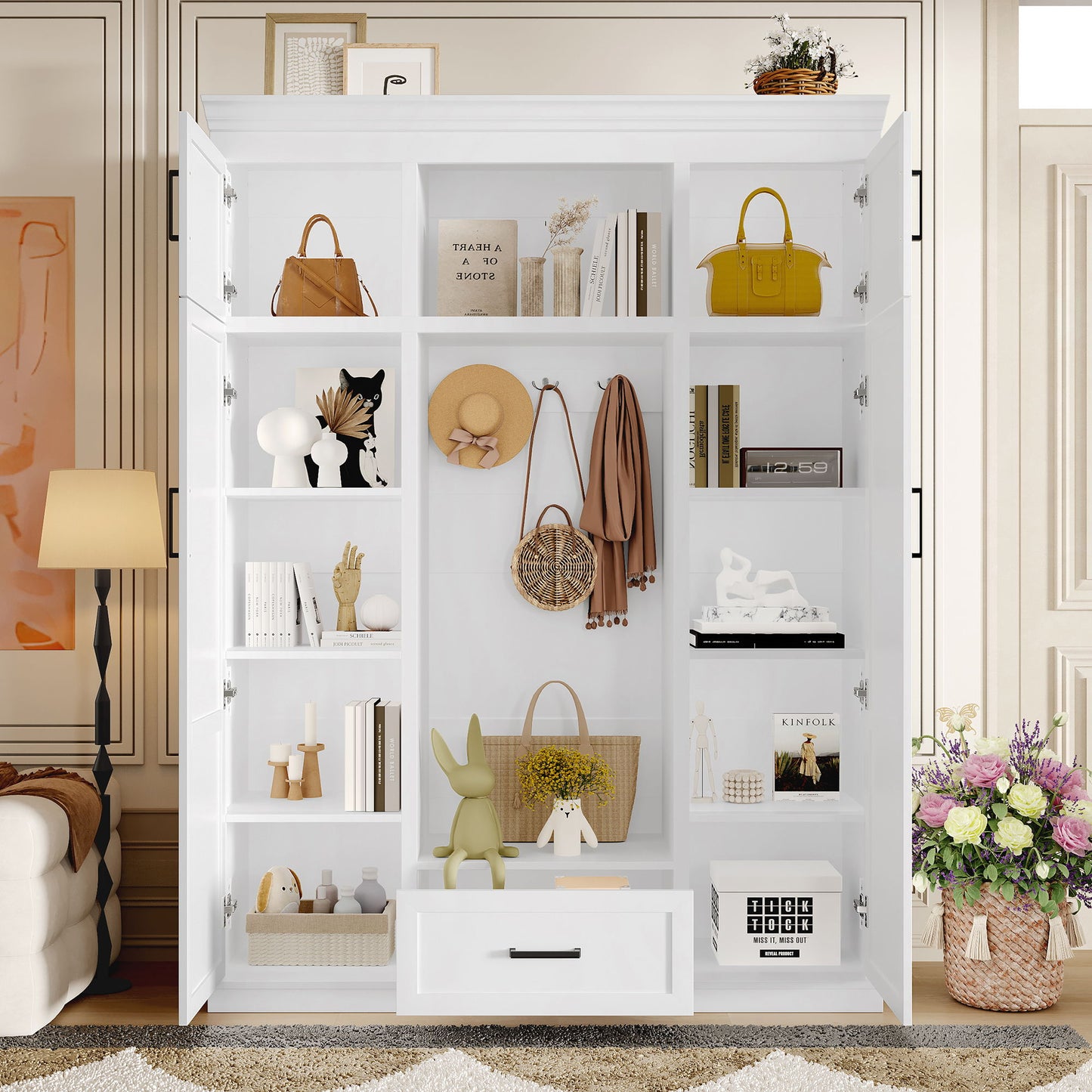 Hall Tree With Bench And 3 Hooks, Modern Entryway Storage Organizer Cabinet With 4 Doors, 1 Drawer And Adjustable Shelves