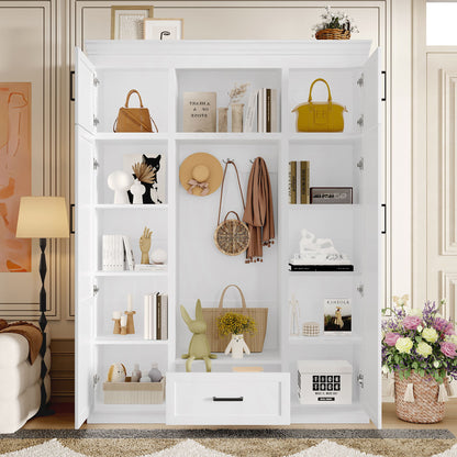 Hall Tree With Bench And 3 Hooks, Modern Entryway Storage Organizer Cabinet With 4 Doors, 1 Drawer And Adjustable Shelves