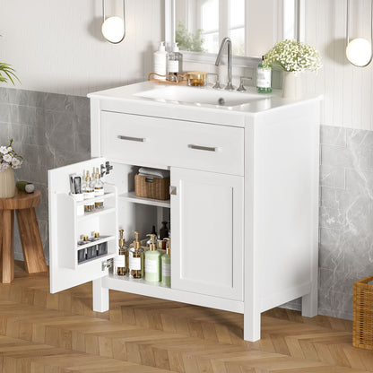 Bathroom Vanity With Ceramic Sink, Modern Single Bathroom Cabinet With 2 Doors And A Shelf, Soft Close Doors
