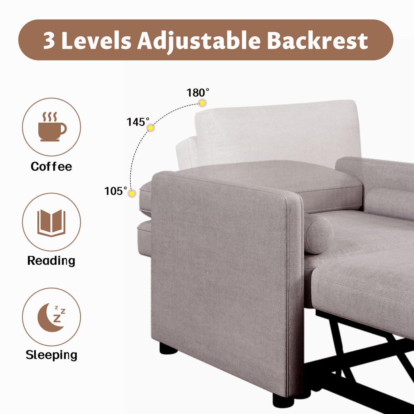 3 In 1 Convertible Sleeper Chair With Adjustable Backrest, Lounger Chair Turns Into Bed