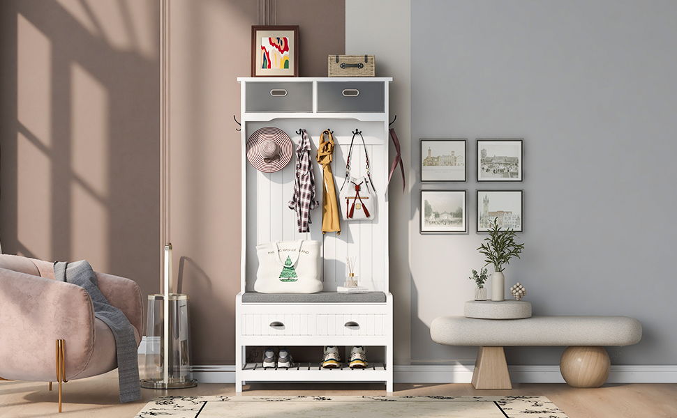 Hall Tree With 6 Hooks And Hinged Lid, Coat Hanger, Storage Bench, 3 In 1 Design