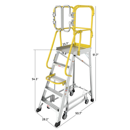 Heavy Duty Aluminum Rolling Platform Ladder With Steps, 375Lbs Capacity