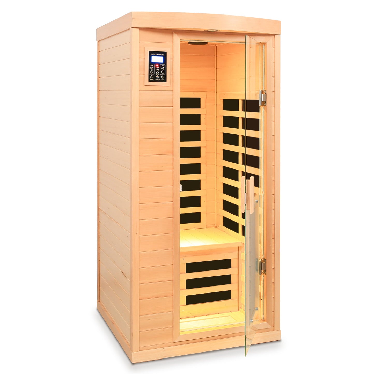 Low Emf Front Door With Heating Panel 1 People Hemlock Far Infrared Indoor Sauna Room - Natural