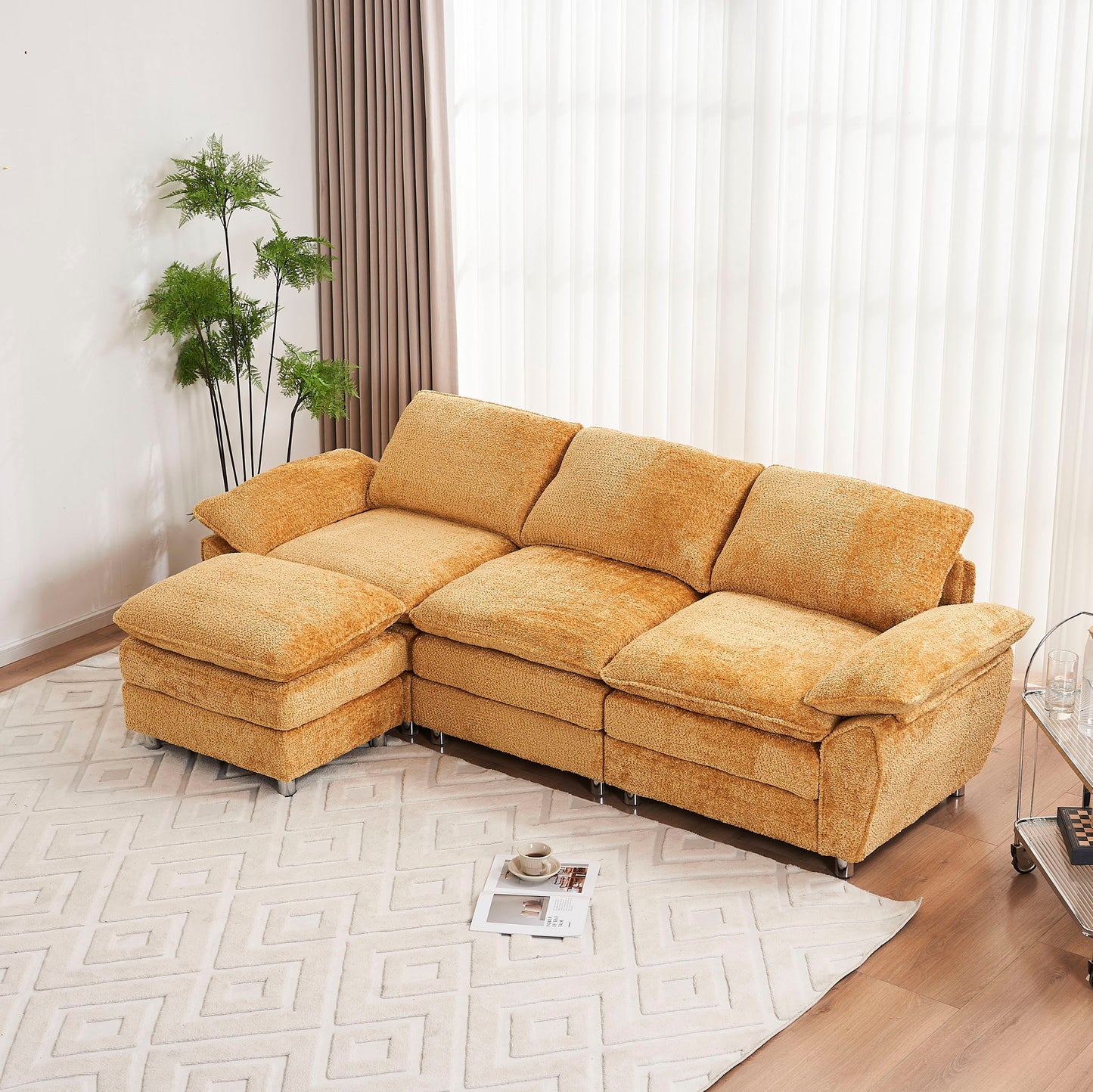 Modern Deep 3 Seat Sofa Couch With Ottoman, Comfy Upholstered Furniture