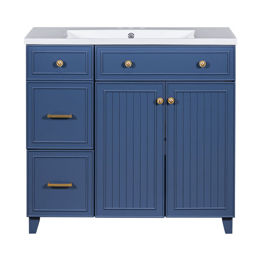 36" Bathroom Vanity With Sink, Soft Close Doors, Adjustable Shelves - Blue