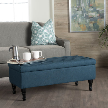 Hyatt - Suede Storage Ottoman With Tufted Top And Dark Wooden Legs - Navy Blue