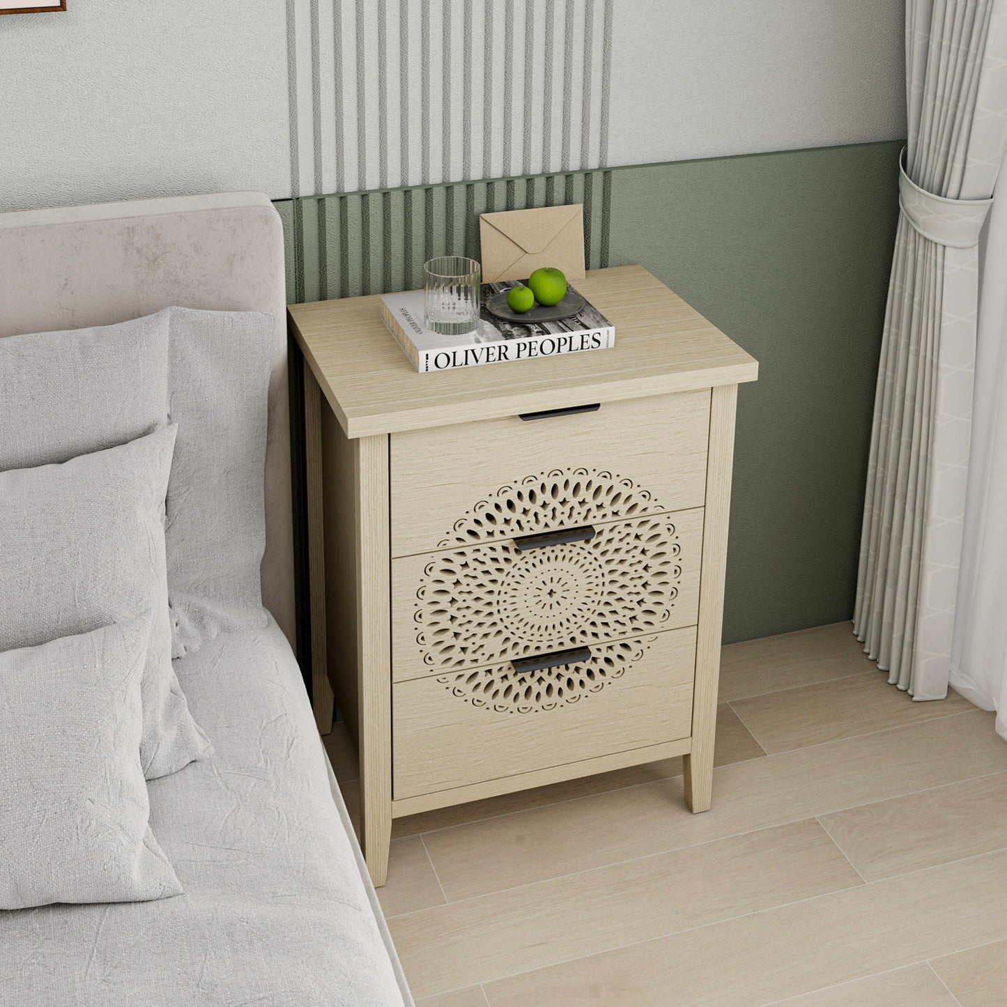 Hollow Carved 3 Drawer Cabinet Dresser Storage Chest With Metal Handles For Living Room Bedroom - Natural