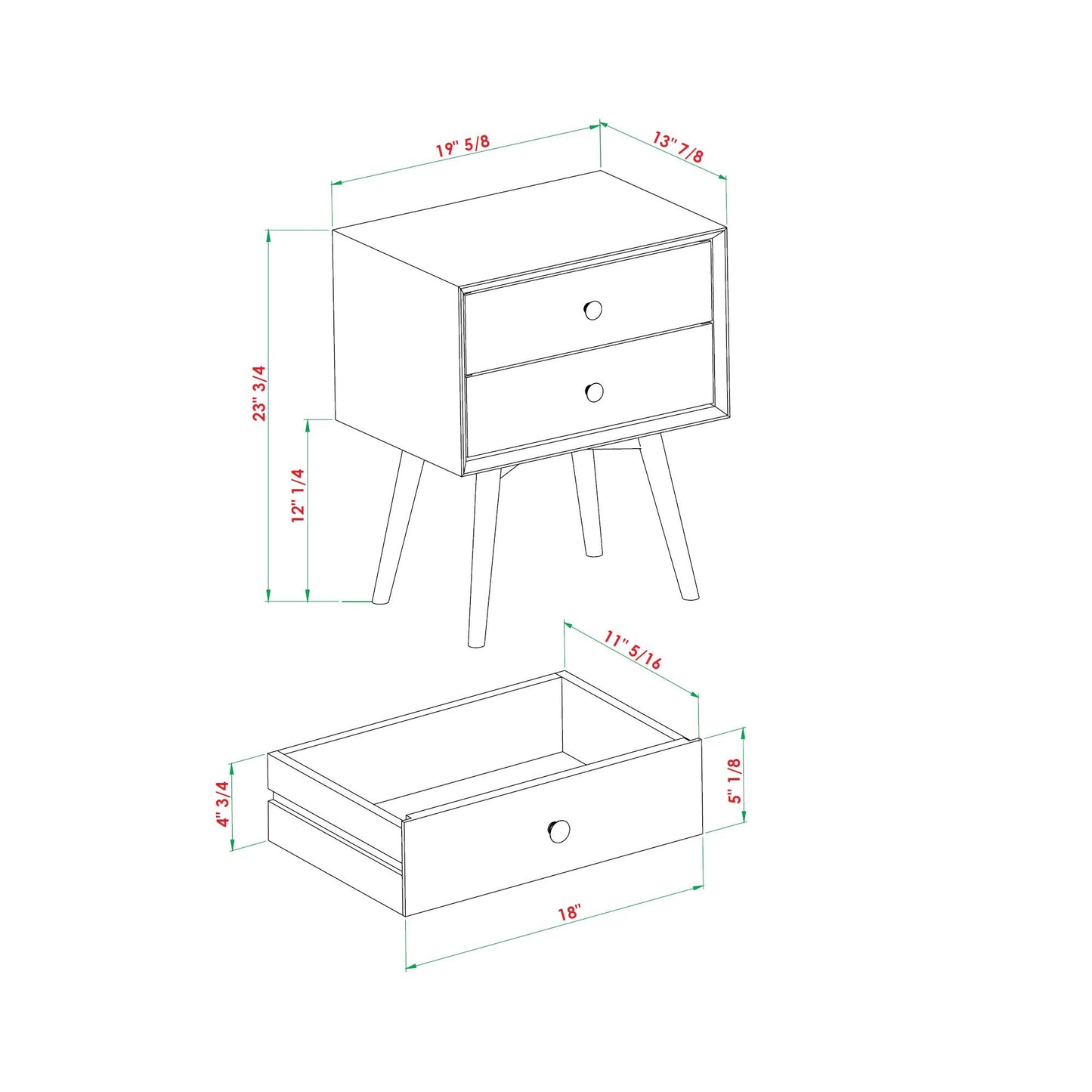 Mid Century Modern Double Drawer Nightstand - Caramel