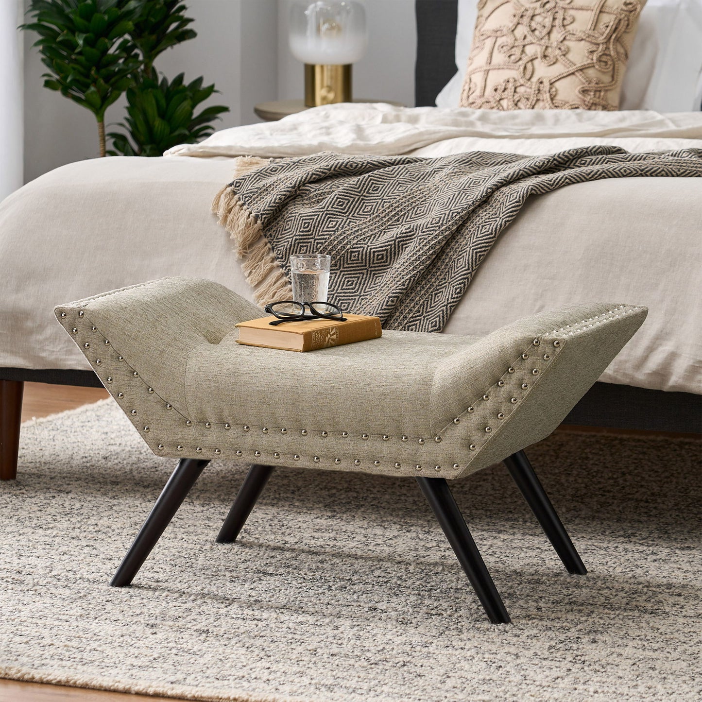 Hariata - Contemporary Fabric Tufted Ottoman Bench - Beige
