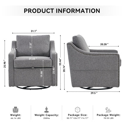 Linen Fabric 360° Swivel Accent Chair With Upholstered Back Pillow And Rivet Armrest