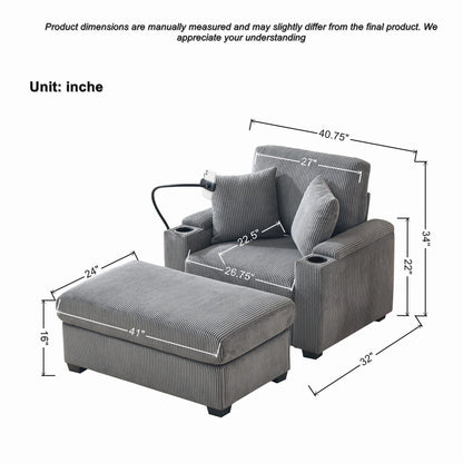 Comfy Corduroy Oversized Chaise Lounge Chair With Ottoman And Storage